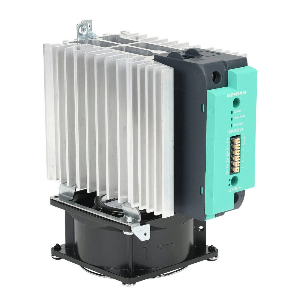 GRSH-120-60-D-2-61 - Gefran solid state relay with fan, 35mm DIN rail mount, 6-32 VDC input voltage, SPST, (1) N.O. SCR, 120A contact rating, 24-600 VAC load voltage, push-in spring, overvoltage and thermal protection, external 115 VAC required. T...