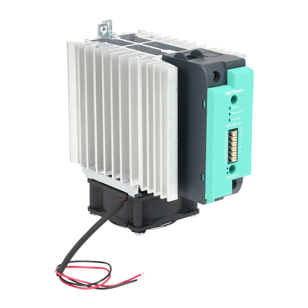 GRSH-120-60-D-2-62 - Gefran solid state relay with fan, 35mm DIN rail mount, 6-32 VDC input voltage, SPST, (1) N.O. SCR, 120A contact rating, 24-600 VAC load voltage, push-in spring, overvoltage and thermal protection, external 24 VDC required. Th...