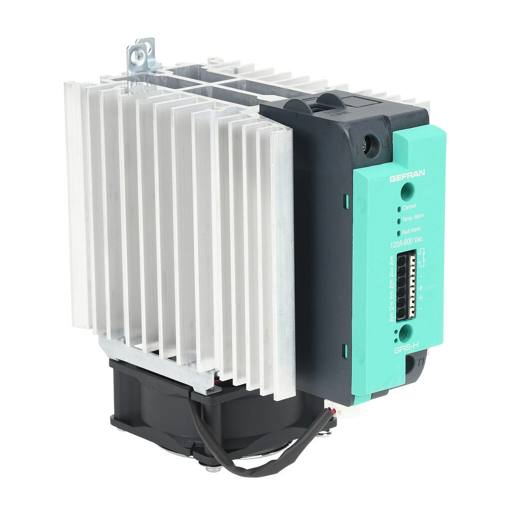 GRSH-120-60-D-2-63 - Gefran solid state relay with fan, 35mm DIN rail mount, 6-32 VDC input voltage, SPST, (1) N.O. SCR, 120A contact rating, 24-600 VAC load voltage, push-in spring, overvoltage and thermal protection. Thermal/load interruption al...