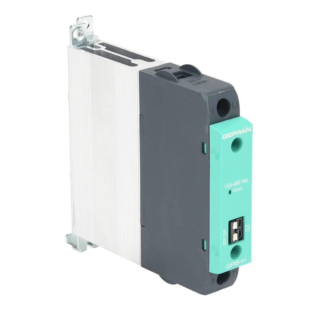 GRSH-15-48-A-0-0 - Gefran solid state relay, 35mm DIN rail mount, 20-260 VAC input voltage, SPST, (1) N.O. SCR, 15A contact rating, 24-480 VAC load voltage, push-in spring, overvoltage protection.