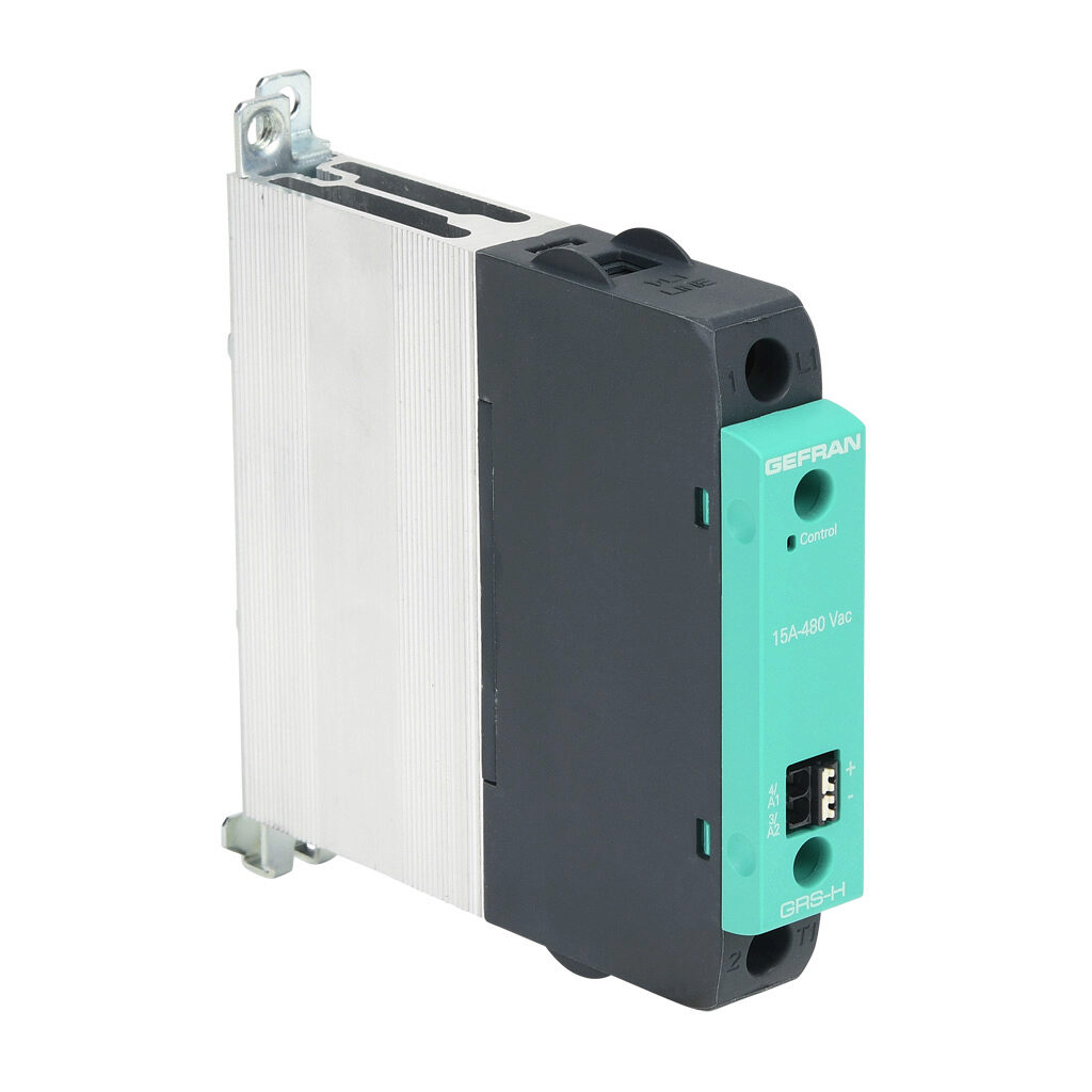 GRSH-15-48-D-0-0 - Gefran solid state relay, 35mm DIN rail mount, 6-32 VDC input voltage, SPST, (1) N.O. SCR, 15A contact rating, 24-480 VAC load voltage, push-in spring, overvoltage protection.