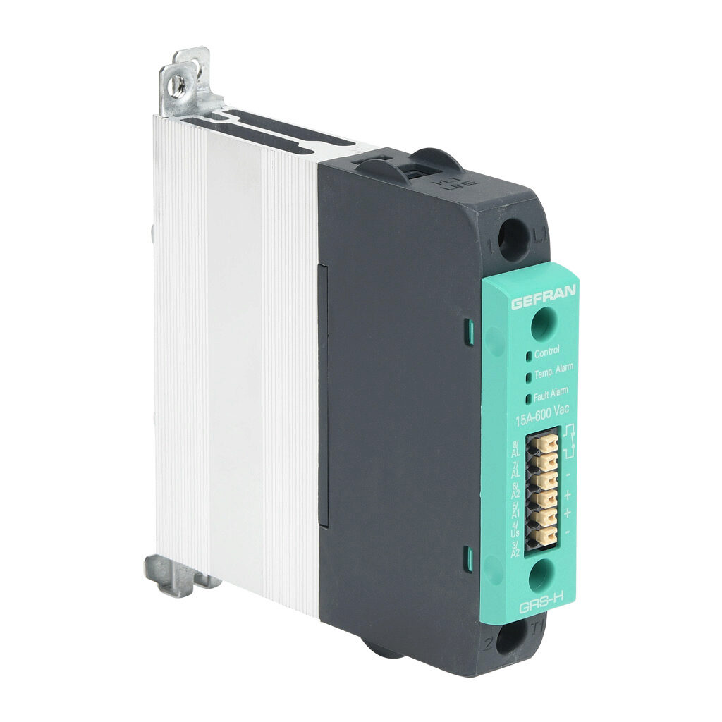GRSH-15-60-D-2-0 - Gefran solid state relay, 35mm DIN rail mount, 6-32 VDC input voltage, SPST, (1) N.O. SCR, 15A contact rating, 24-600 VAC load voltage, push-in spring, overvoltage and thermal protection. Thermal/load interruption alarm.