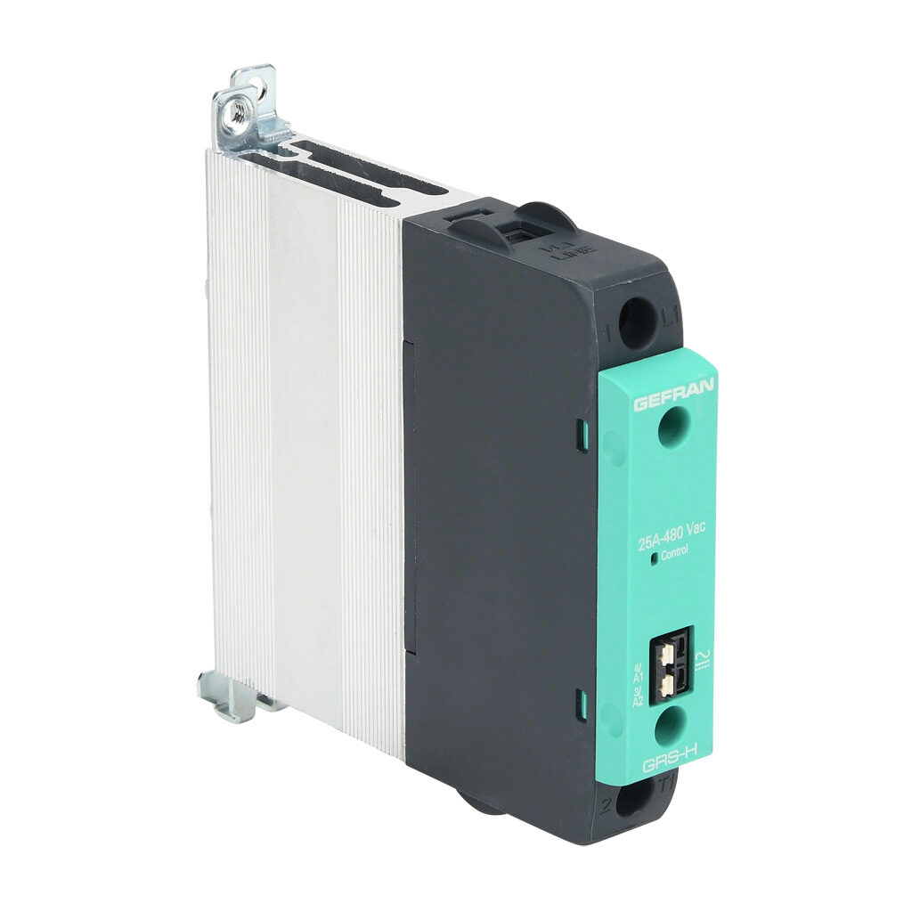GRSH-25-48-A-0-0 - Gefran solid state relay, 35mm DIN rail mount, 20-260 VAC input voltage, SPST, (1) N.O. SCR, 25A contact rating, 24-480 VAC load voltage, push-in spring, overvoltage protection.