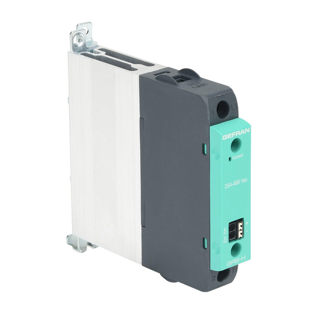 GRSH-25-48-D-0-0 - Gefran solid state relay, 35mm DIN rail mount, 6-32 VDC input voltage, SPST, (1) N.O. SCR, 25A contact rating, 24-480 VAC load voltage, push-in spring, overvoltage protection.