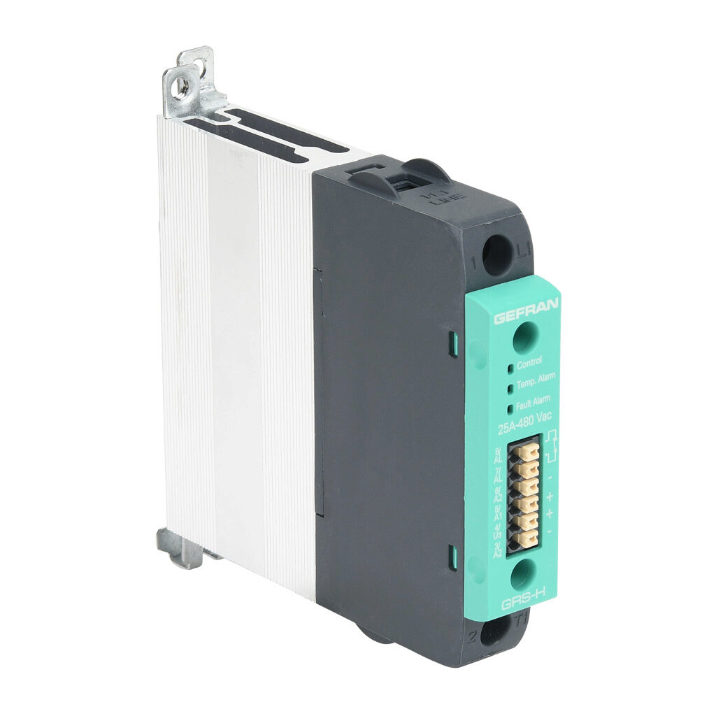 GRSH-25-48-D-2-0 - Gefran solid state relay, 35mm DIN rail mount, 6-32 VDC input voltage, SPST, (1) N.O. SCR, 25A contact rating, 24-480 VAC load voltage, push-in spring, overvoltage and thermal protection. Thermal/load interruption alarm.