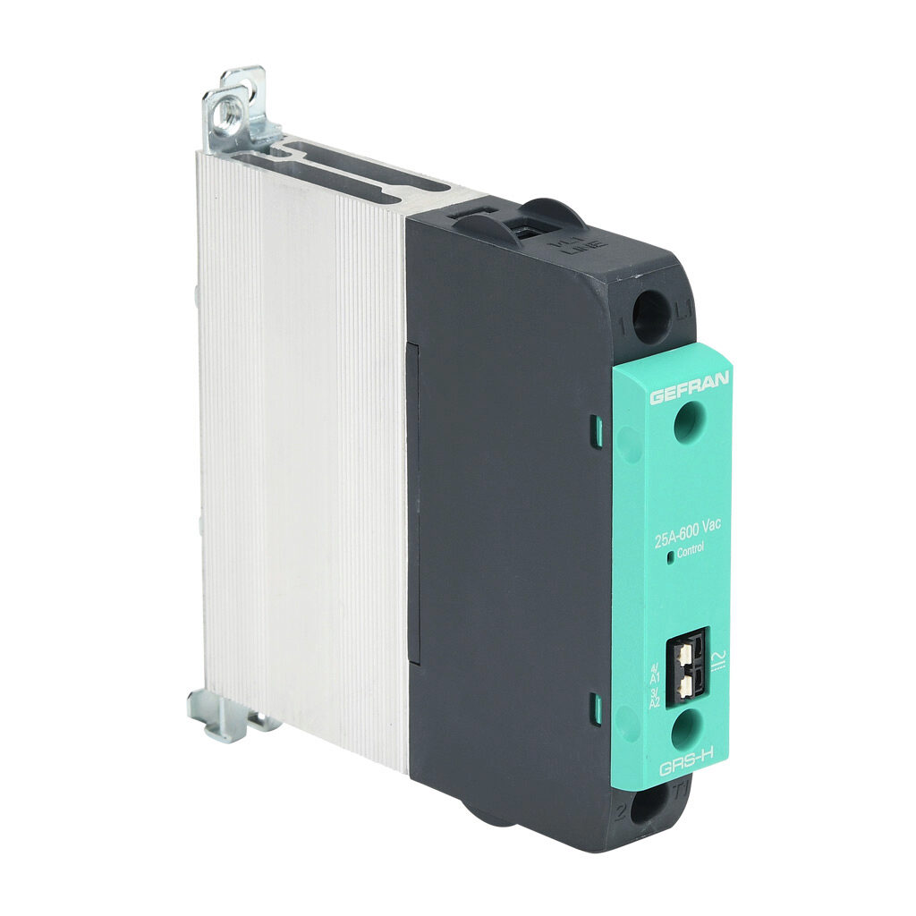 GRSH-25-60-A-0-0 - Gefran solid state relay, 35mm DIN rail mount, 20-260 VAC input voltage, SPST, (1) N.O. SCR, 25A contact rating, 24-600 VAC load voltage, push-in spring, overvoltage protection.
