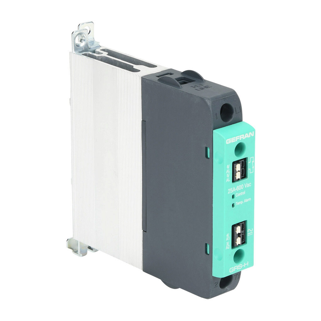 GRSH-25-60-A-5-0 - Gefran solid state relay, 35mm DIN rail mount, 20-260 VAC input voltage, SPST, (1) N.O. SCR, 25A contact rating, 24-600 VAC load voltage, push-in spring, overvoltage and thermal protection. Thermal alarm.