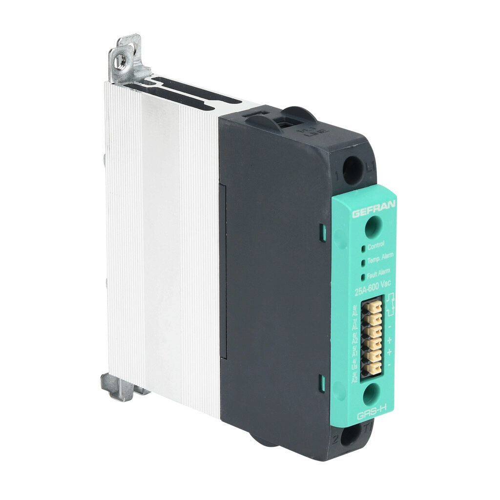 GRSH-25-60-D-2-0 - Gefran solid state relay, 35mm DIN rail mount, 6-32 VDC input voltage, SPST, (1) N.O. SCR, 25A contact rating, 24-600 VAC load voltage, push-in spring, overvoltage and thermal protection. Thermal/load interruption alarm.