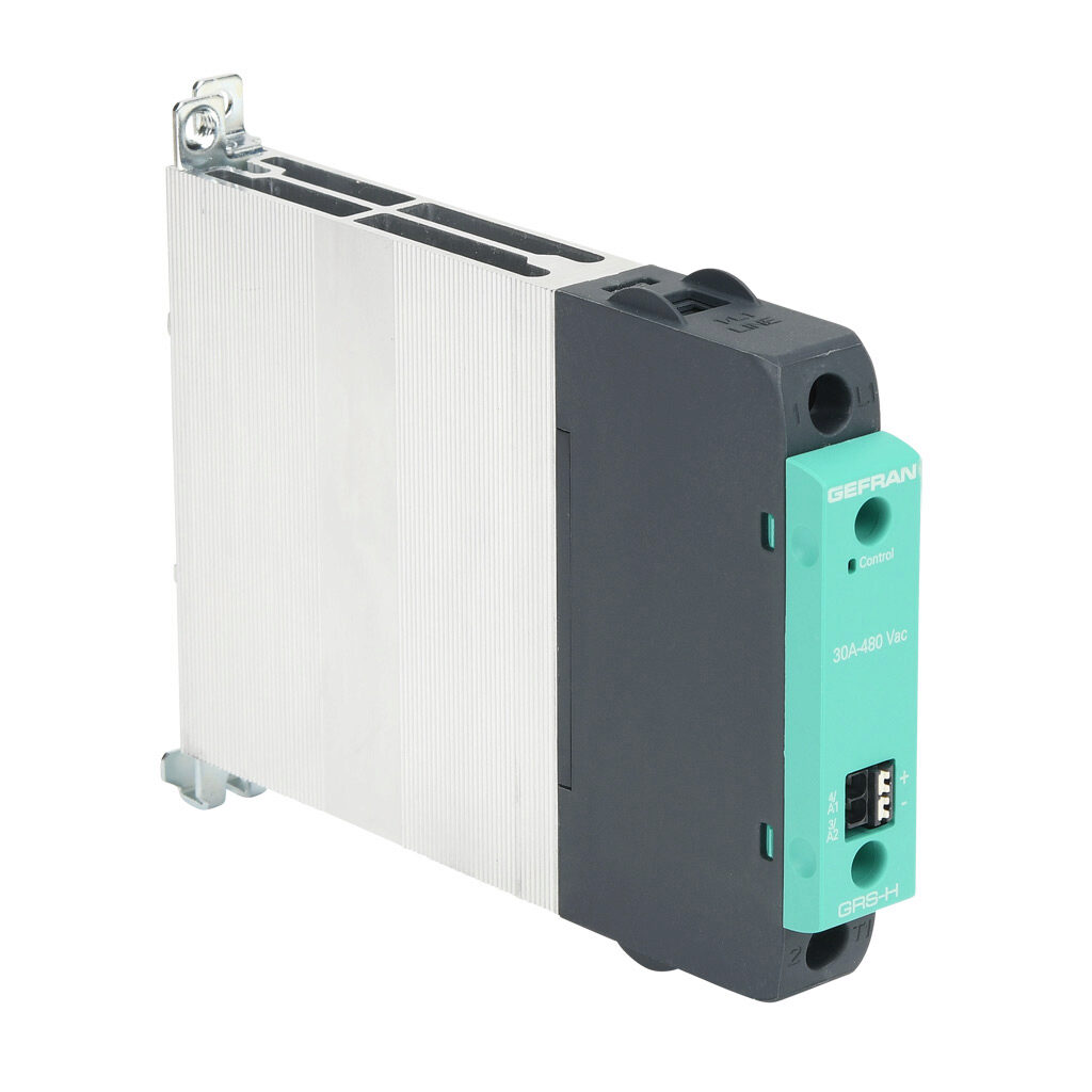 GRSH-30-48-D-0-0 - Gefran solid state relay, 35mm DIN rail mount, 6-32 VDC input voltage, SPST, (1) N.O. SCR, 30A contact rating, 24-480 VAC load voltage, push-in spring, overvoltage protection.