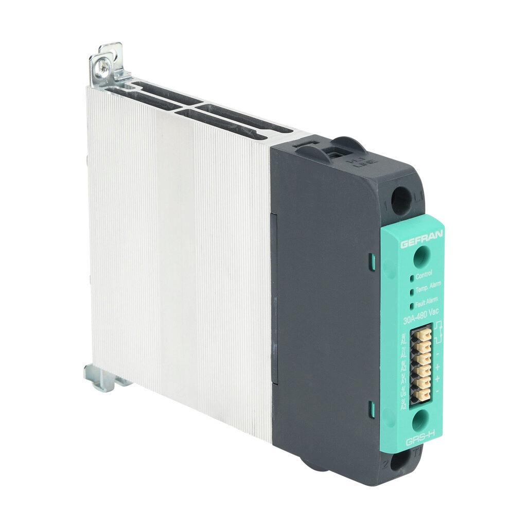 GRSH-30-48-D-2-0 - Gefran solid state relay, 35mm DIN rail mount, 6-32 VDC input voltage, SPST, (1) N.O. SCR, 30A contact rating, 24-480 VAC load voltage, push-in spring, overvoltage and thermal protection. Thermal/load interruption alarm.