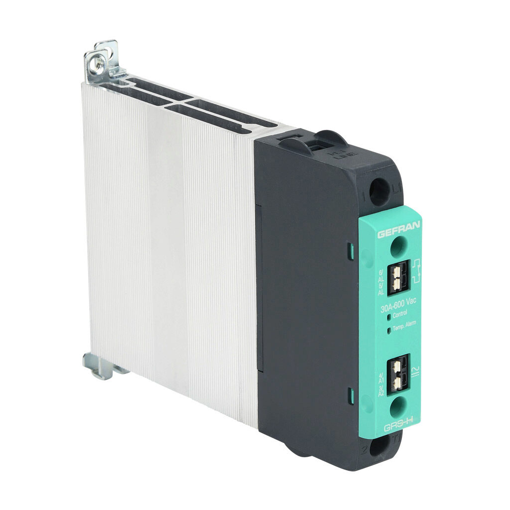 GRSH-30-60-A-5-0 - Gefran solid state relay, 35mm DIN rail mount, 20-260 VAC input voltage, SPST, (1) N.O. SCR, 30A contact rating, 24-600 VAC load voltage, push-in spring, overvoltage and thermal protection. Thermal alarm.