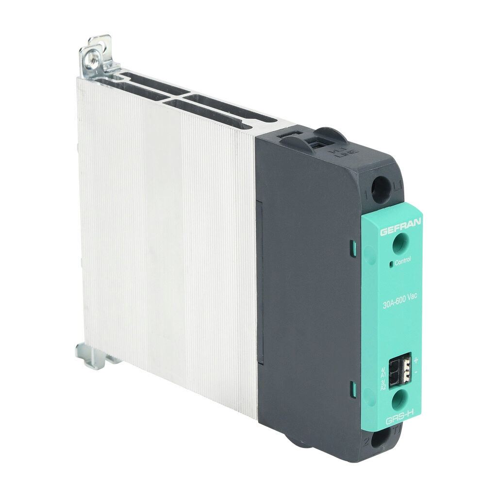 GRSH-30-60-D-0-0 - Gefran solid state relay, 35mm DIN rail mount, 6-32 VDC input voltage, SPST, (1) N.O. SCR, 30A contact rating, 24-600 VAC load voltage, push-in spring, overvoltage protection.
