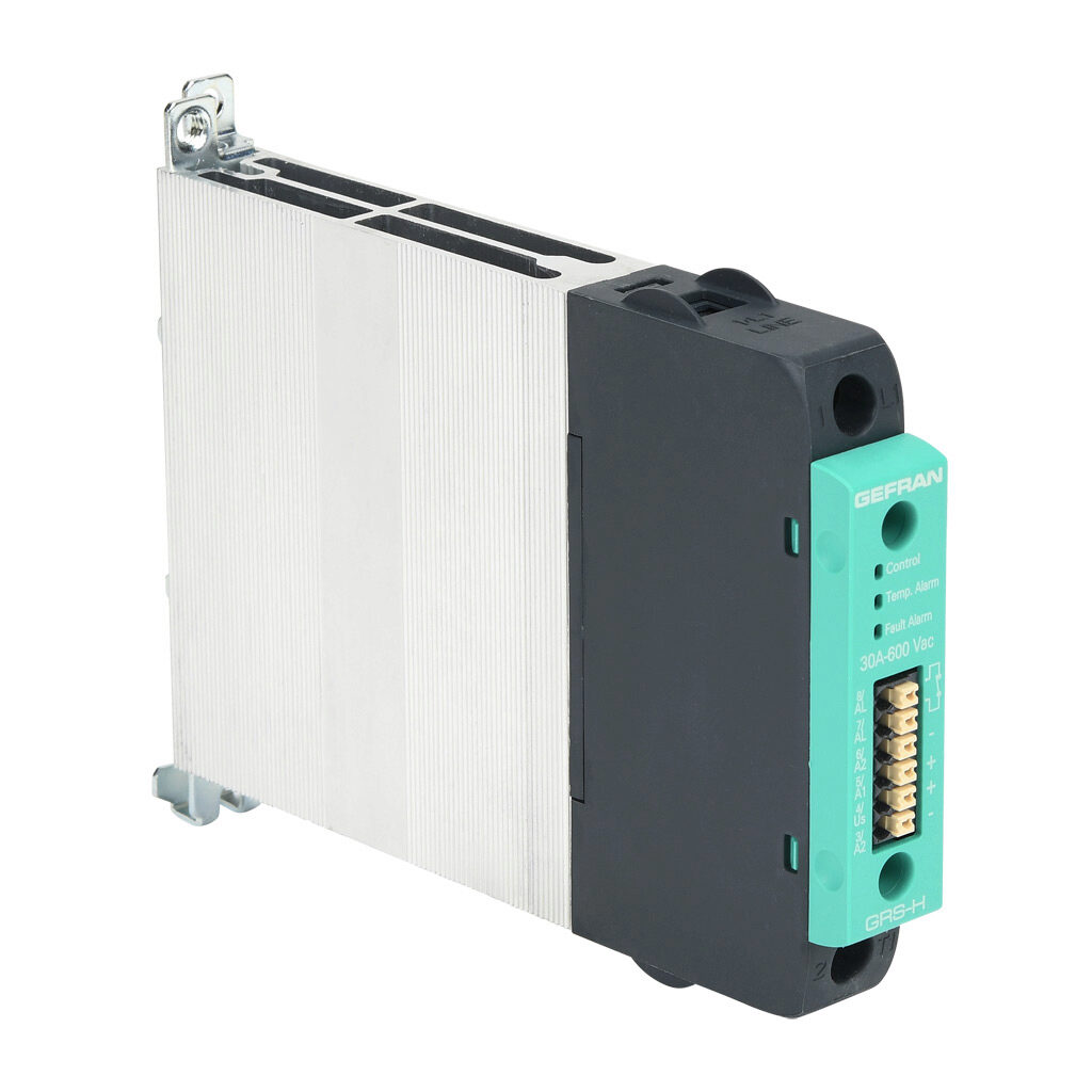 GRSH-30-60-D-2-0 - Gefran solid state relay, 35mm DIN rail mount, 6-32 VDC input voltage, SPST, (1) N.O. SCR, 30A contact rating, 24-600 VAC load voltage, push-in spring, overvoltage and thermal protection. Thermal/load interruption alarm.