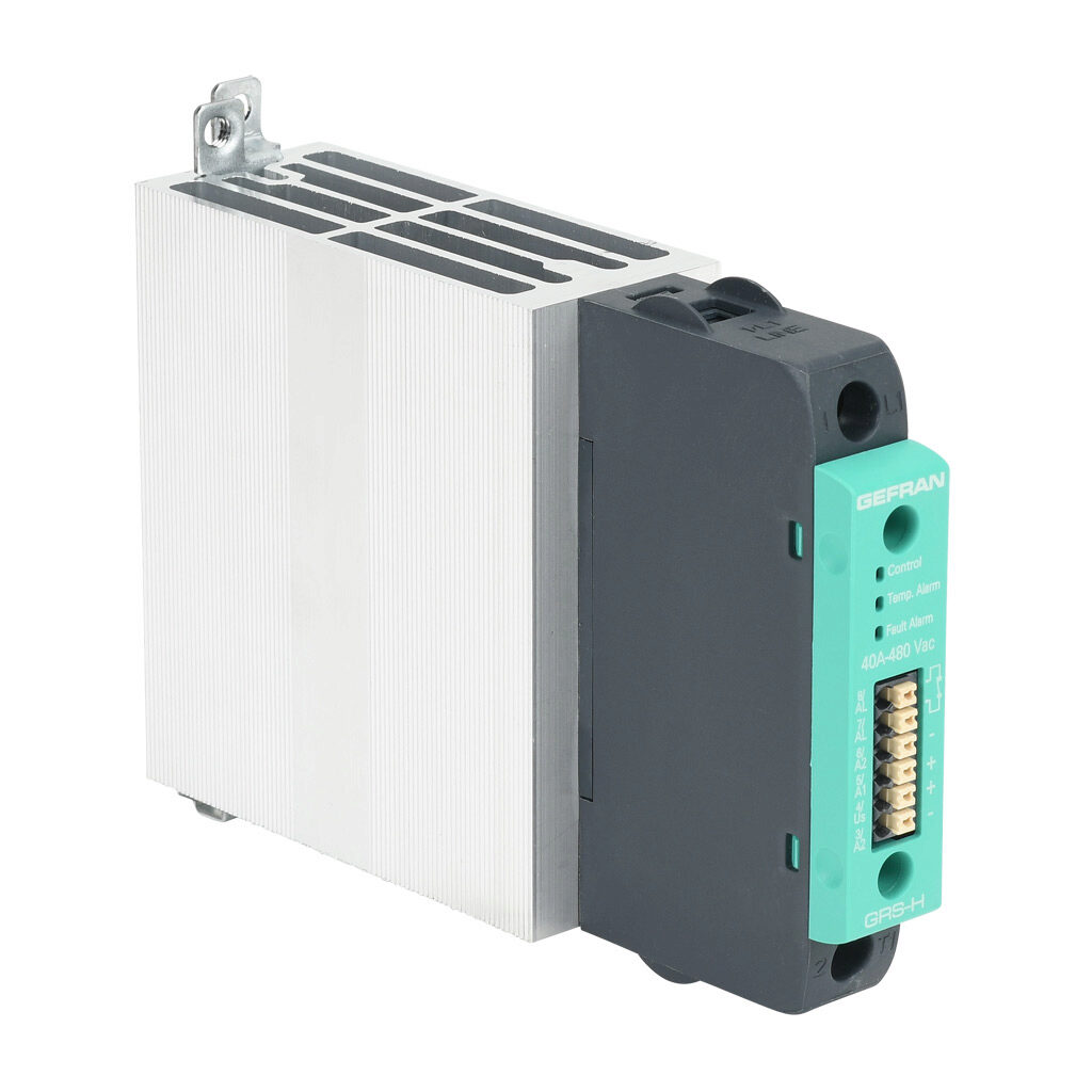 GRSH-40-48-D-2-0 - Gefran solid state relay, 35mm DIN rail mount, 6-32 VDC input voltage, SPST, (1) N.O. SCR, 40A contact rating, 24-480 VAC load voltage, push-in spring, overvoltage and thermal protection. Thermal/load interruption alarm.