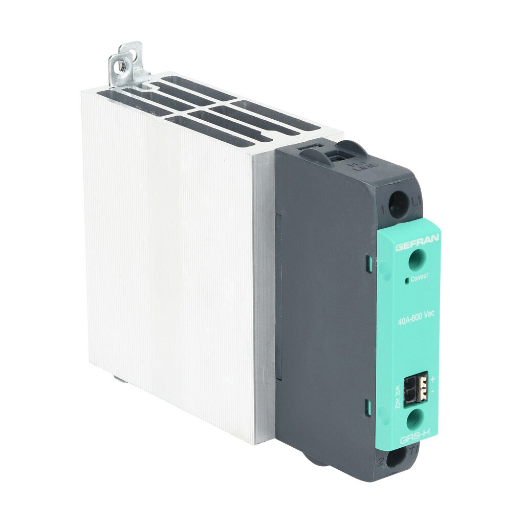 GRSH-40-60-D-0-0 - Gefran solid state relay, 35mm DIN rail mount, 6-32 VDC input voltage, SPST, (1) N.O. SCR, 40A contact rating, 24-600 VAC load voltage, push-in spring, overvoltage protection.
