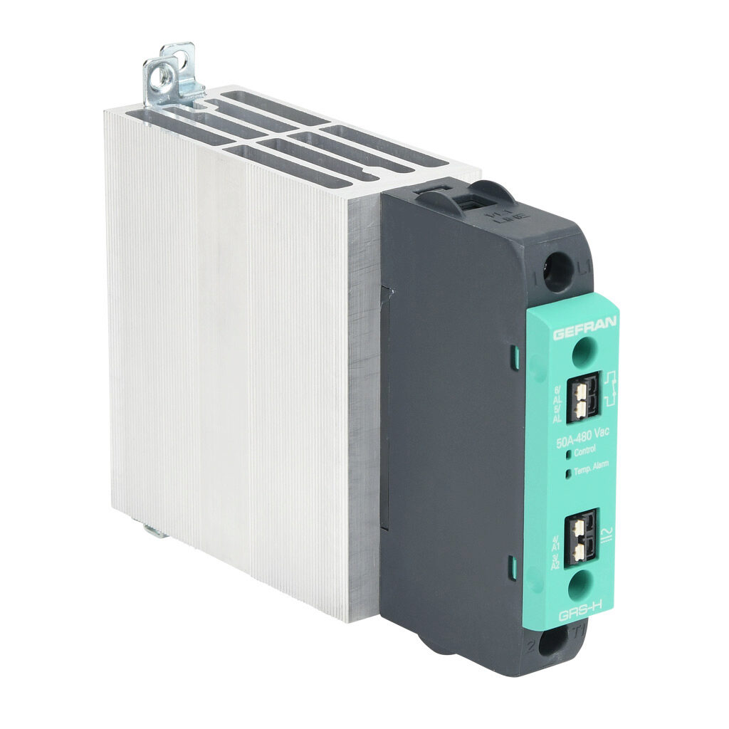 GRSH-50-48-A-5-0 - Gefran solid state relay, 35mm DIN rail mount, 20-260 VAC input voltage, SPST, (1) N.O. SCR, 50A contact rating, 24-480 VAC load voltage, push-in spring, overvoltage and thermal protection. Thermal alarm.