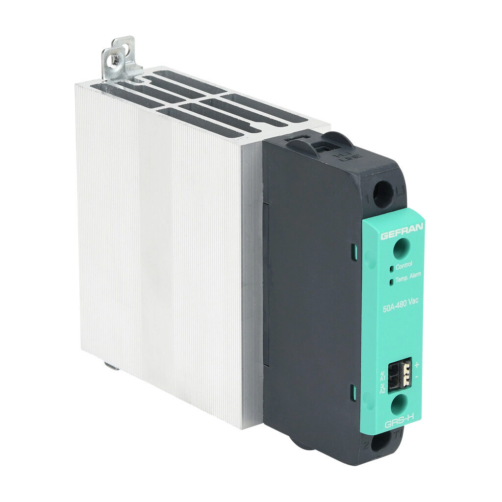 GRSH-50-48-D-0-0 - Gefran solid state relay, 35mm DIN rail mount, 6-32 VDC input voltage, SPST, (1) N.O. SCR, 50A contact rating, 24-480 VAC load voltage, push-in spring, overvoltage and thermal protection.