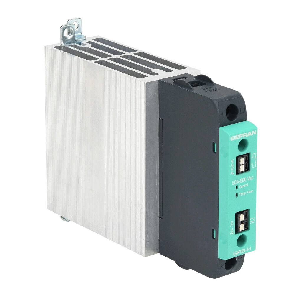 GRSH-50-60-A-5-0 - Gefran solid state relay, 35mm DIN rail mount, 20-260 VAC input voltage, SPST, (1) N.O. SCR, 50A contact rating, 24-600 VAC load voltage, push-in spring, overvoltage and thermal protection. Thermal alarm.
