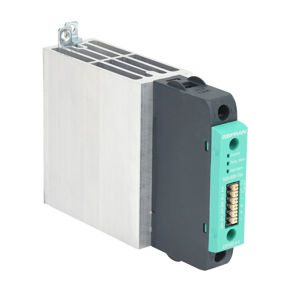 GRSH-50-60-D-2-0 - Gefran solid state relay, 35mm DIN rail mount, 6-32 VDC input voltage, SPST, (1) N.O. SCR, 50A contact rating, 24-600 VAC load voltage, push-in spring, overvoltage and thermal protection. Thermal/load interruption alarm.
