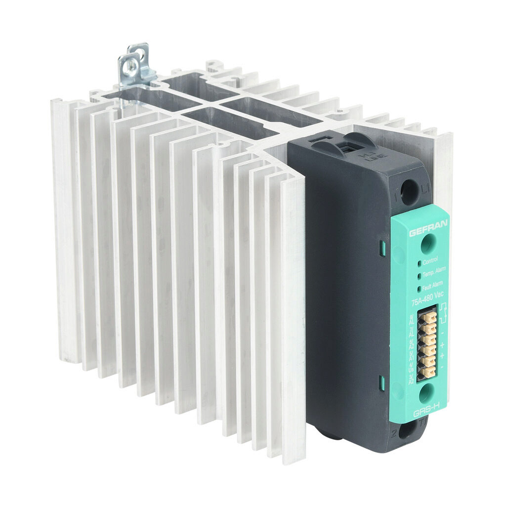 GRSH-75-48-D-2-0 - Gefran solid state relay, 35mm DIN rail mount, 6-32 VDC input voltage, SPST, (1) N.O. SCR, 75A contact rating, 24-480 VAC load voltage, push-in spring, overvoltage and thermal protection. Thermal/load interruption alarm.