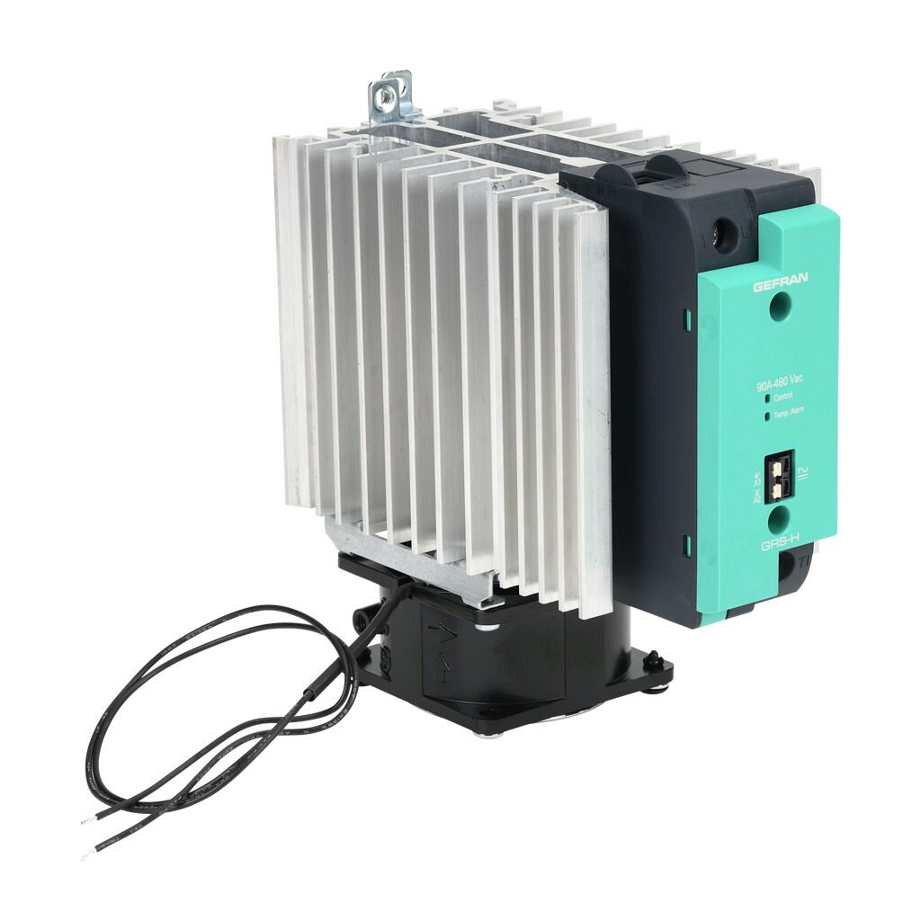 GRSH-90-48-A-0-60 - Gefran solid state relay with fan, 35mm DIN rail mount, 20-260 VAC input voltage, SPST, (1) N.O. SCR, 90A contact rating, 24-480 VAC load voltage, push-in spring, overvoltage and thermal protection, external 230 VAC required.