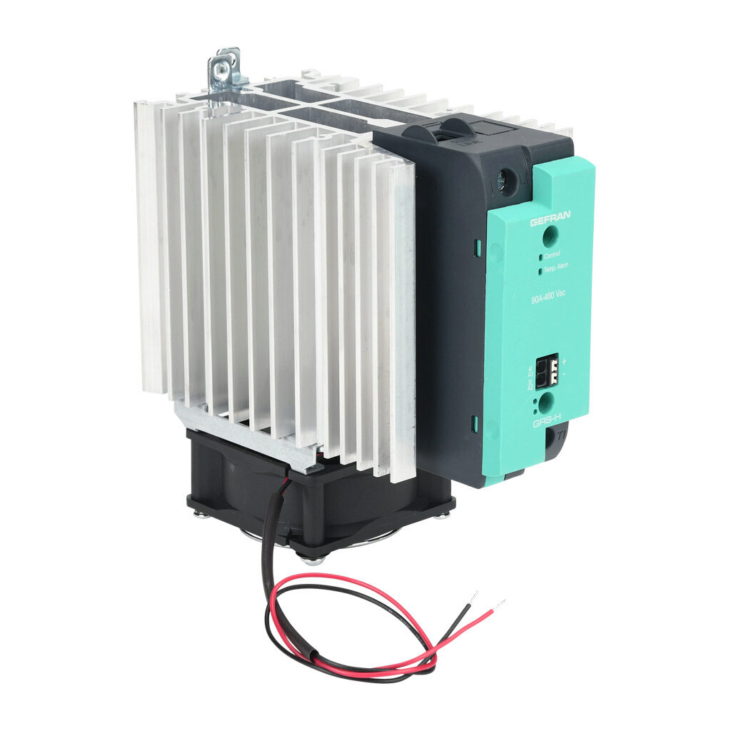 GRSH-90-48-D-0-62 - Gefran solid state relay with fan, 35mm DIN rail mount, 6-32 VDC input voltage, SPST, (1) N.O. SCR, 90A contact rating, 24-480 VAC load voltage, push-in spring, overvoltage and thermal protection, external 24 VDC required.