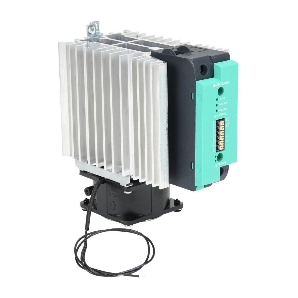 GRSH-90-48-D-2-61 - Gefran solid state relay with fan, 35mm DIN rail mount, 6-32 VDC input voltage, SPST, (1) N.O. SCR, 90A contact rating, 24-480 VAC load voltage, push-in spring, overvoltage and thermal protection, external 115 VAC required. The...
