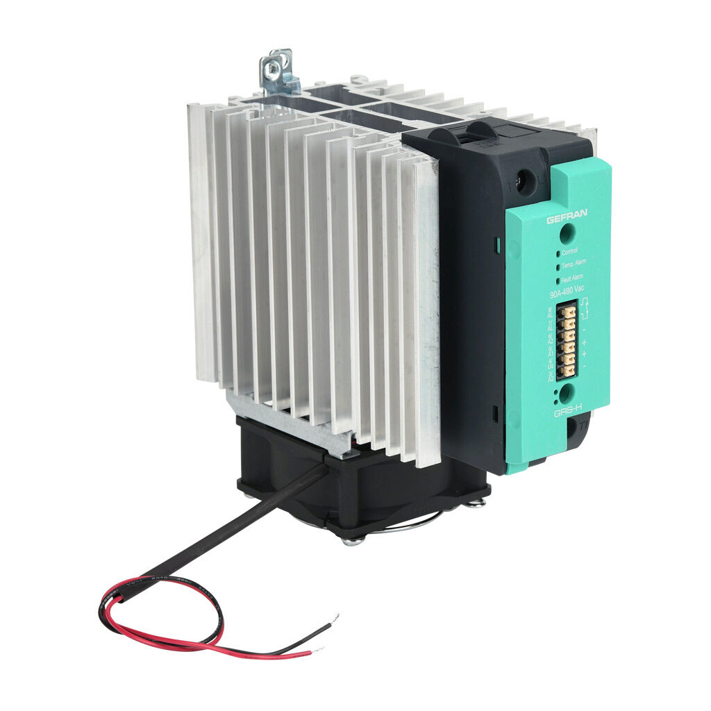 GRSH-90-48-D-2-62 - Gefran solid state relay with fan, 35mm DIN rail mount, 6-32 VDC input voltage, SPST, (1) N.O. SCR, 90A contact rating, 24-480 VAC load voltage, push-in spring, overvoltage and thermal protection, external 24 VDC required. Ther...