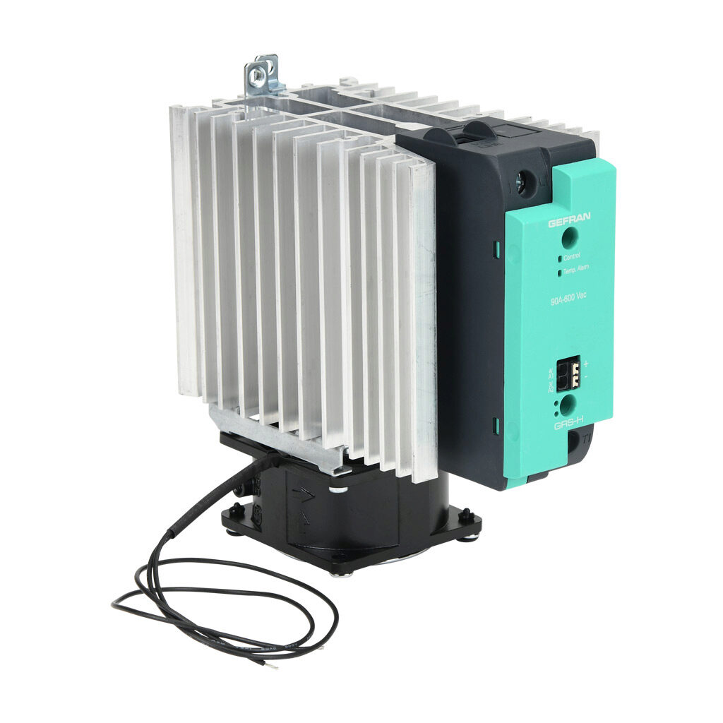 GRSH-90-60-D-0-60 - Gefran solid state relay with fan, 35mm DIN rail mount, 6-32 VDC input voltage, SPST, (1) N.O. SCR, 90A contact rating, 24-600 VAC load voltage, push-in spring, overvoltage and thermal protection, external 230 VAC required.