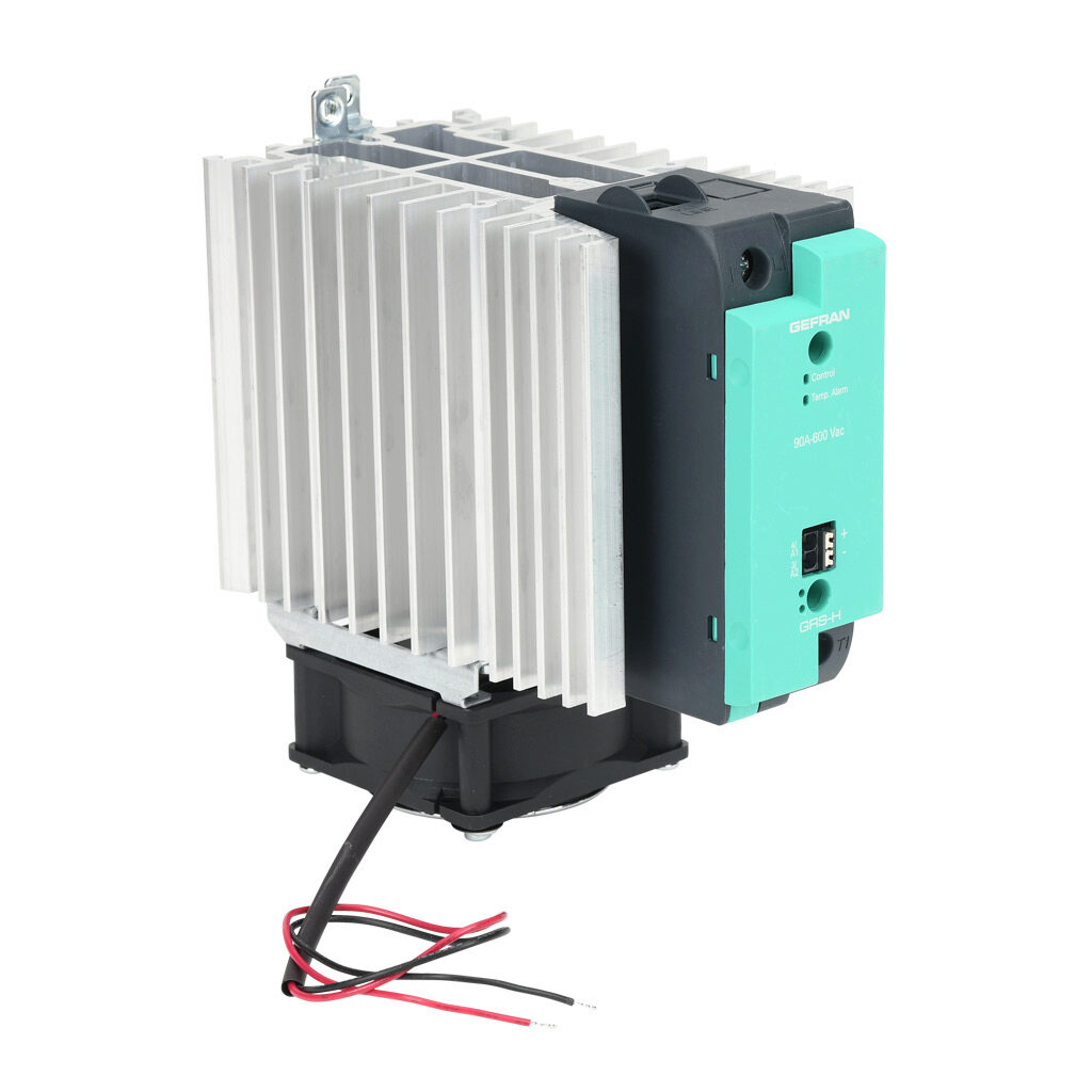 GRSH-90-60-D-0-62 - Gefran solid state relay with fan, 35mm DIN rail mount, 6-32 VDC input voltage, SPST, (1) N.O. SCR, 90A contact rating, 24-600 VAC load voltage, push-in spring, overvoltage and thermal protection, external 24 VDC required.