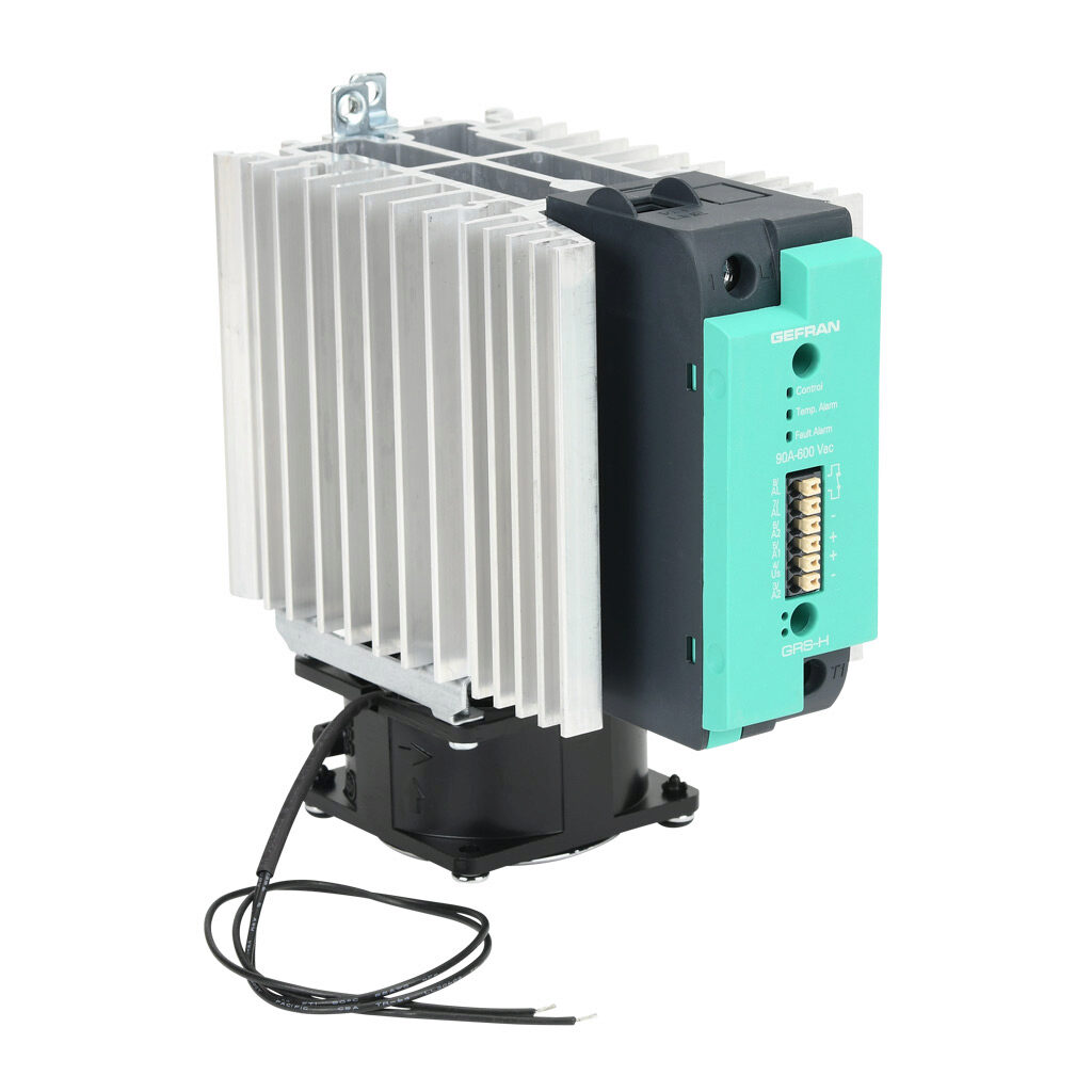 GRSH-90-60-D-2-60 - Gefran solid state relay with fan, 35mm DIN rail mount, 6-32 VDC input voltage, SPST, (1) N.O. SCR, 90A contact rating, 24-600 VAC load voltage, push-in spring, overvoltage and thermal protection, external 230 VAC required. The...