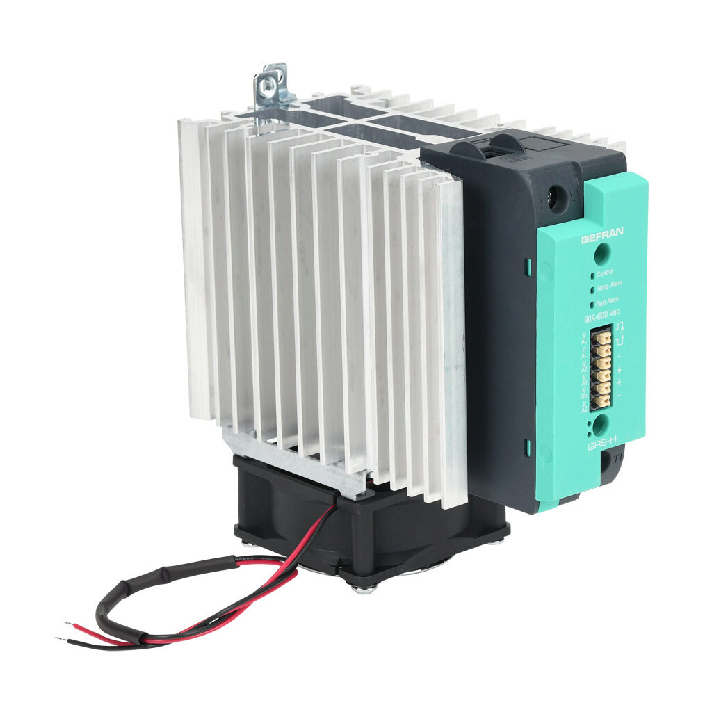GRSH-90-60-D-2-62 - Gefran solid state relay with fan, 35mm DIN rail mount, 6-32 VDC input voltage, SPST, (1) N.O. SCR, 90A contact rating, 24-600 VAC load voltage, push-in spring, overvoltage and thermal protection, external 24 VDC required. Ther...