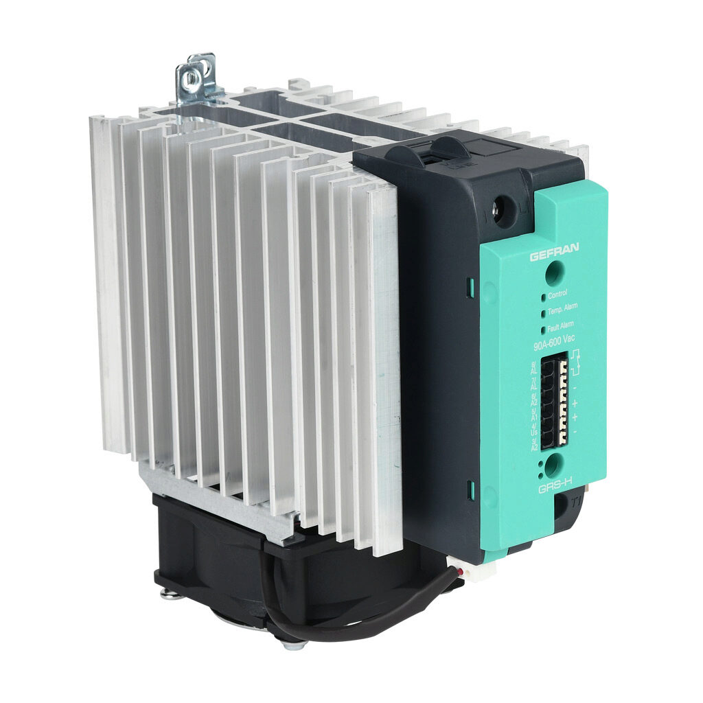 GRSH-90-60-D-2-63 - Gefran solid state relay with fan, 35mm DIN rail mount, 6-32 VDC input voltage, SPST, (1) N.O. SCR, 90A contact rating, 24-600 VAC load voltage, push-in spring, overvoltage and thermal protection. Thermal/load interruption alarm.