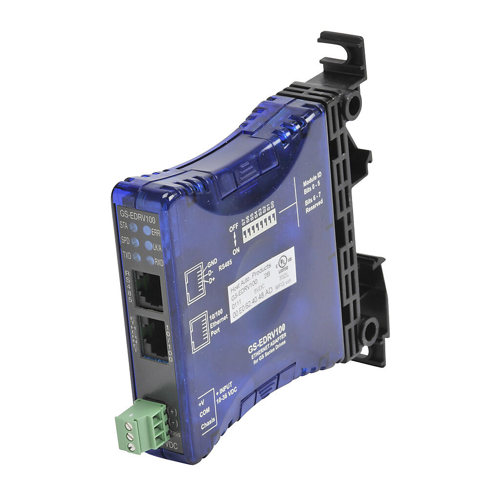 GS-EDRV100 - AutomationDirect ethernet communication module, (1) Ethernet 10/100Base-T (RJ45) and (1) RS-232/RS-485 (RJ12) port(s), (12) simultaneous Ethernet connections, (1) serial device(s), 12-48 VDC required. For use with GS1, GS2, GS3 and GS...