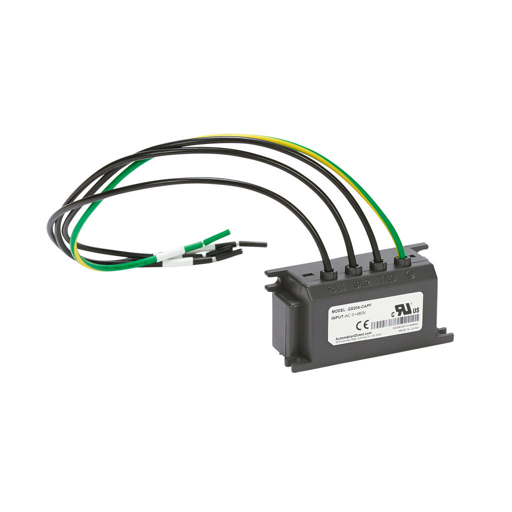 GS20A-CAPF - DURApulse EMI capacitive filter, 110-480 VAC, 3-phase, panel mount, EMI/RFI filtering, drive rated, basic, pigtail with wire leads. For use with GS10, GS20 and GS20X series AC drives.