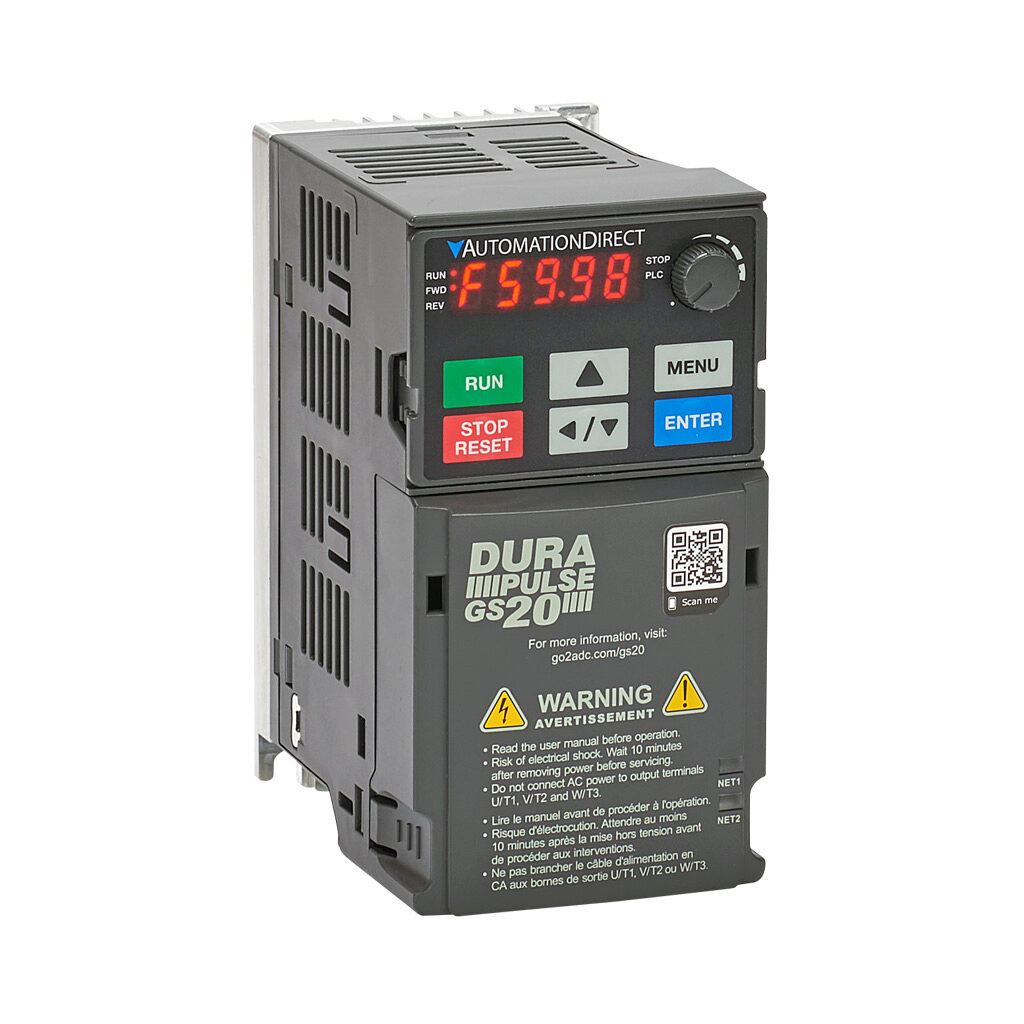 GS21-10P2 - DURApulse GS20 series AC general purpose drive, enclosed, 120 VAC, 1/4hp with 1-phase input, SVC, V/Hz, FOC or torque mode, A1 frame, RS-485, integrated dynamic braking. Optional EtherNet/IP and Modbus TCP card available.