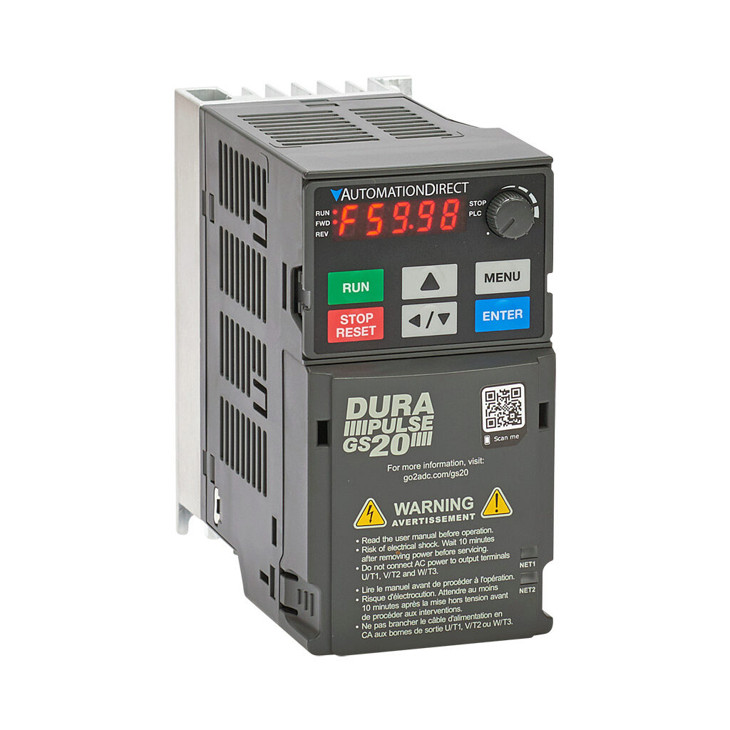 GS21-10P5 - DURApulse GS20 series AC general purpose drive, enclosed, 120 VAC, 1/2hp with 1-phase input, SVC, V/Hz, FOC or torque mode, A3 frame, RS-485, integrated dynamic braking. Optional EtherNet/IP and Modbus TCP card available.