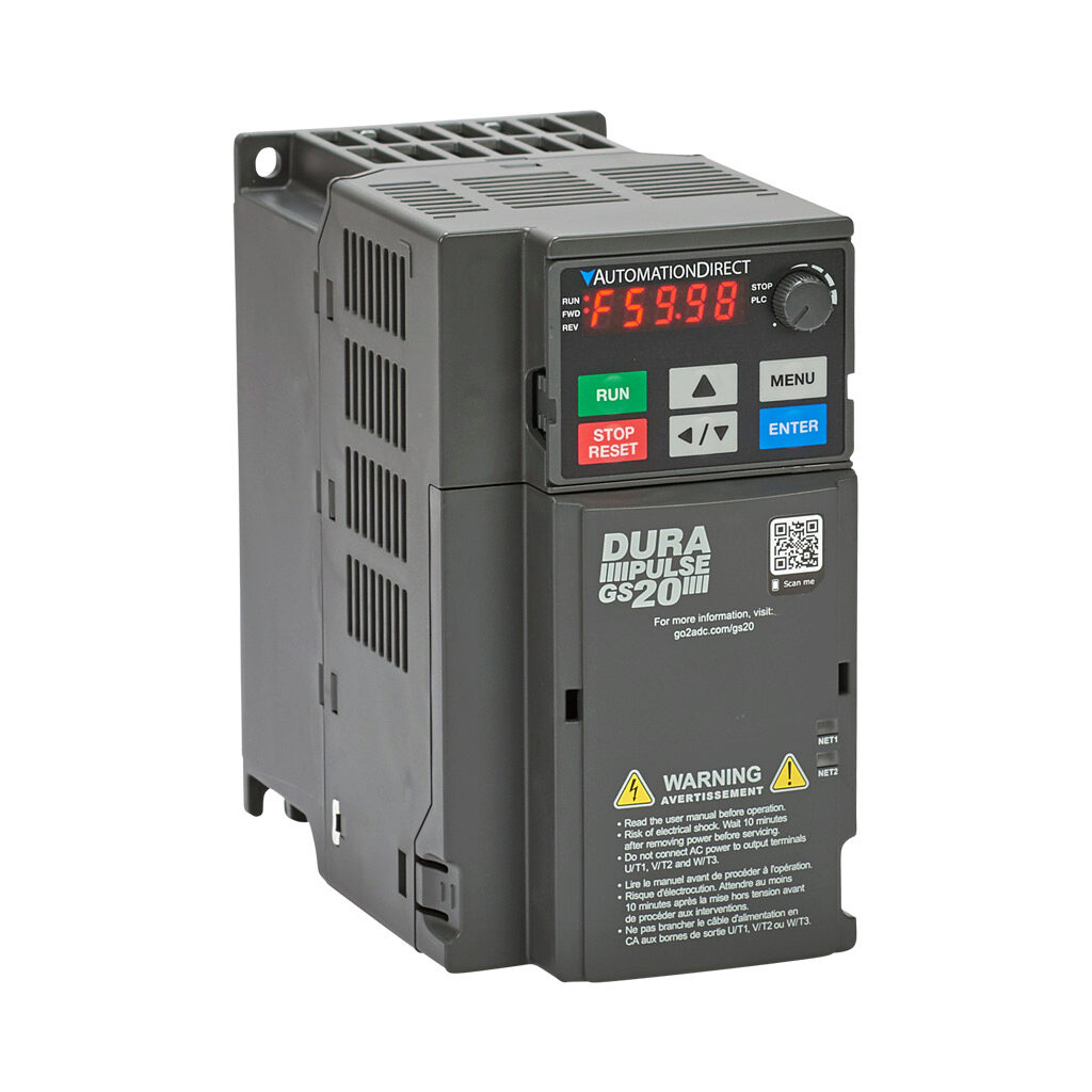 GS21-11P0 - DURApulse GS20 series AC general purpose drive, enclosed, 120 VAC, 1hp with 1-phase input, SVC, V/Hz, FOC or torque mode, C frame, RS-485, integrated dynamic braking. Optional EtherNet/IP and Modbus TCP card available.