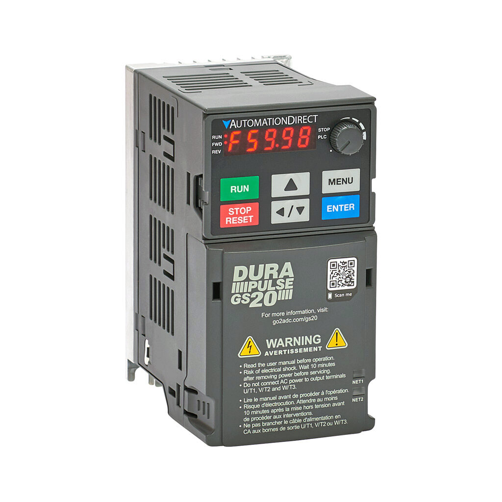 GS21-20P2 - DURApulse GS20 series AC general purpose drive, enclosed, 230 VAC, 1/4hp with 1-phase input, SVC, V/Hz, FOC or torque mode, A1 frame, RS-485, integrated dynamic braking. Optional EtherNet/IP and Modbus TCP card available.