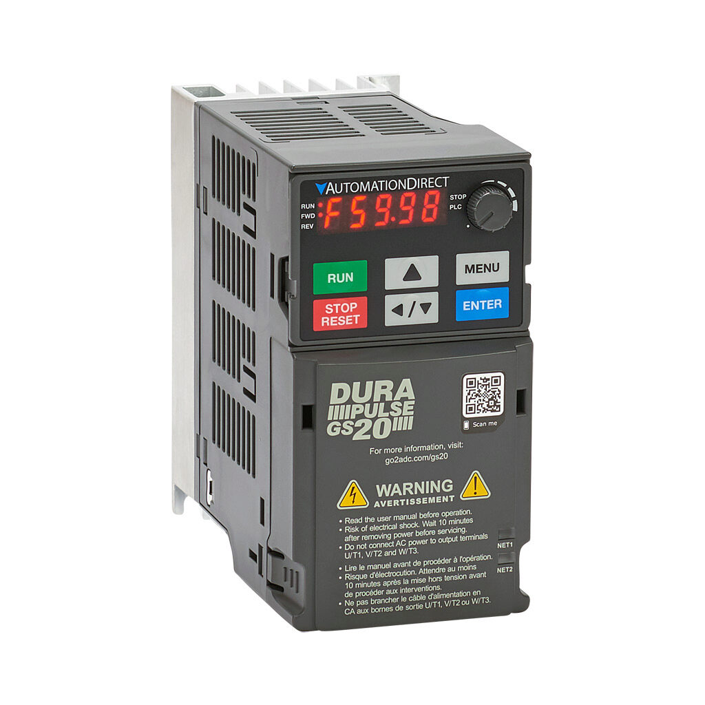 GS21-20P5 - DURApulse GS20 series AC general purpose drive, enclosed, 230 VAC, 1/2hp with 1-phase input, SVC, V/Hz, FOC or torque mode, A3 frame, RS-485, integrated dynamic braking. Optional EtherNet/IP and Modbus TCP card available.