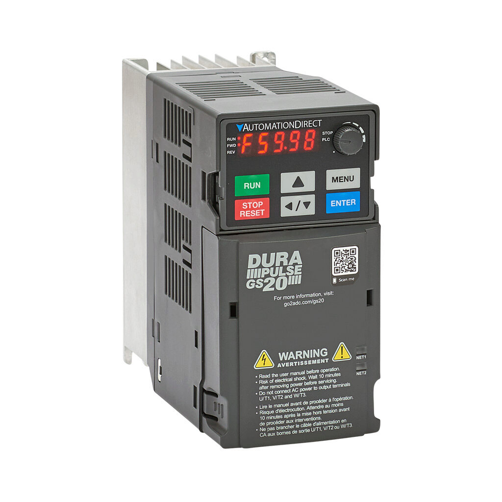 GS21-21P0 - DURApulse GS20 series AC general purpose drive, enclosed, 230 VAC, 1hp with 1-phase input, SVC, V/Hz, FOC or torque mode, B2 frame, RS-485, integrated dynamic braking. Optional EtherNet/IP and Modbus TCP card available.