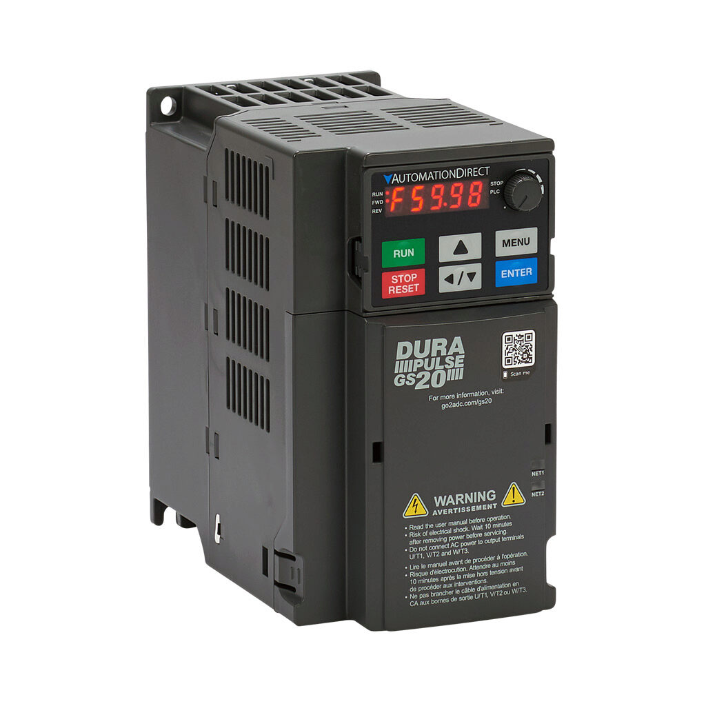 GS21-22P0 - DURApulse GS20 series AC general purpose drive, enclosed, 230 VAC, 2hp with 1-phase input, SVC, V/Hz, FOC or torque mode, C frame, RS-485, integrated dynamic braking. Optional EtherNet/IP and Modbus TCP card available.