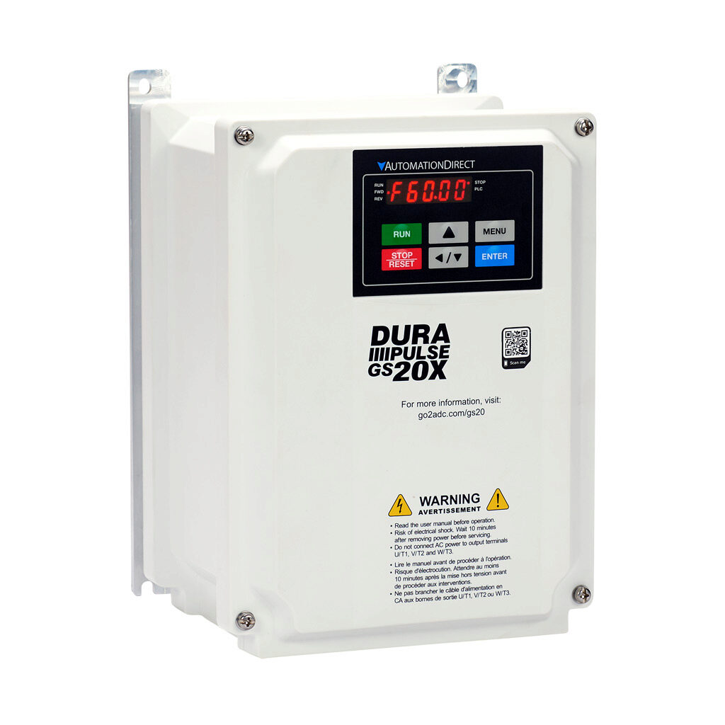 GS21X-20P5 - DURApulse GS20X series AC general purpose drive, NEMA 4X, 230 VAC, 1/2hp with 1-phase input, SVC, V/Hz, FOC or torque mode, A frame, RS-485, integrated dynamic braking. Optional EtherNet/IP and Modbus TCP card available.