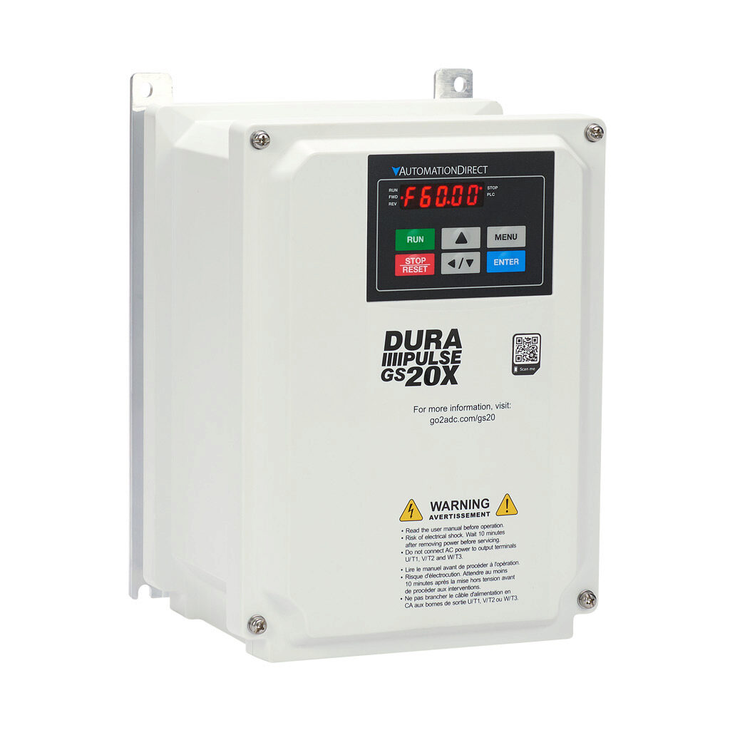 GS21X-21P0 - DURApulse GS20X series AC general purpose drive, NEMA 4X, 230 VAC, 1hp with 1-phase input, SVC, V/Hz, FOC or torque mode, A frame, RS-485, integrated dynamic braking. Optional EtherNet/IP and Modbus TCP card available.