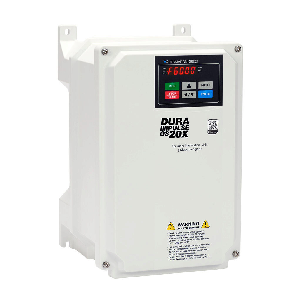 GS21X-23P0 - DURApulse GS20X series AC general purpose drive, NEMA 4X, 230 VAC, 3hp with 1-phase input, SVC, V/Hz, FOC or torque mode, B frame, RS-485, integrated dynamic braking. Optional EtherNet/IP and Modbus TCP card available.