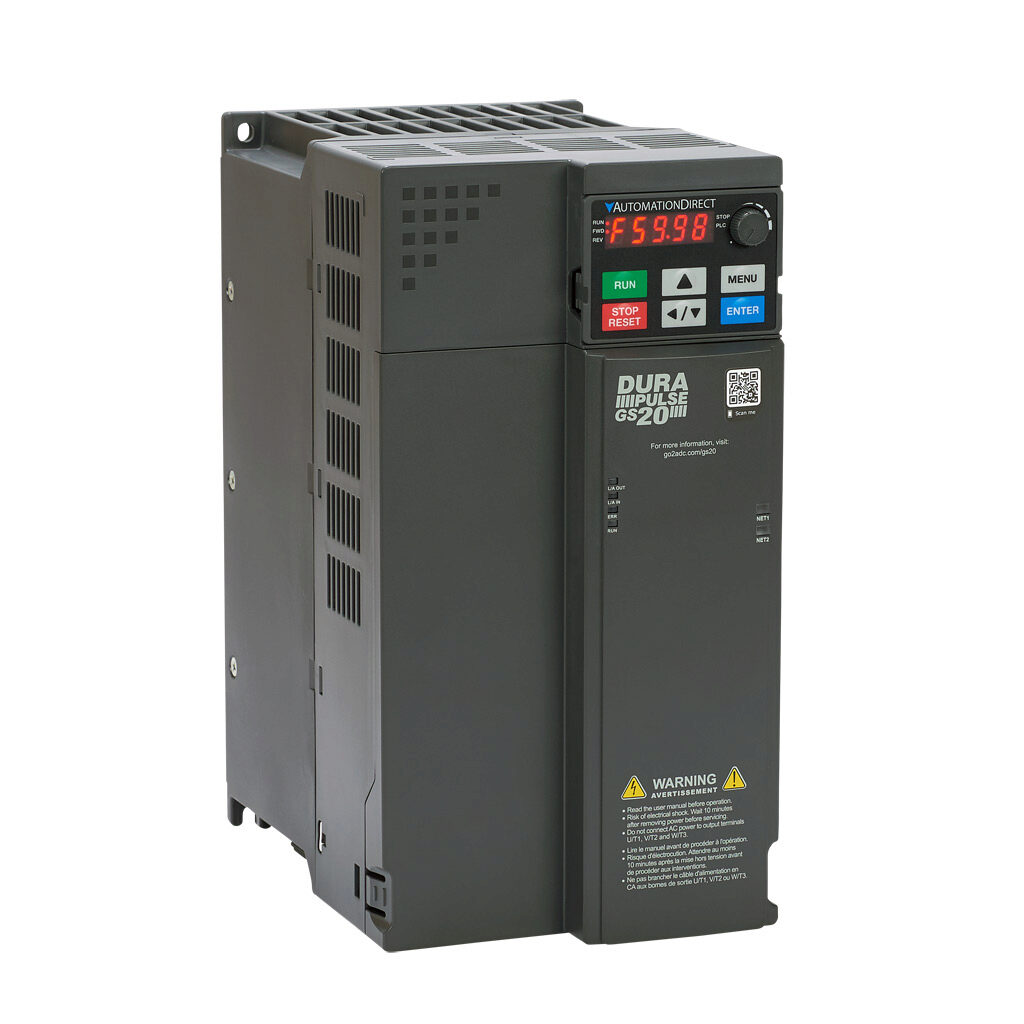 GS23-2010 - DURApulse GS20 series AC general purpose drive, enclosed, 230 VAC, 10hp with 3-phase input, 5hp with 1-phase input, SVC, V/Hz, FOC or torque mode, E frame, RS-485, integrated dynamic braking. Optional EtherNet/IP and Modbus TCP card av...