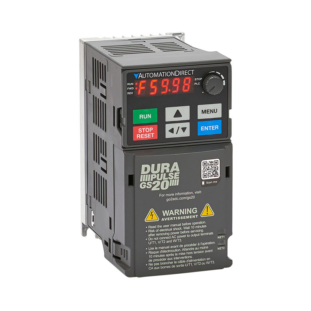 GS23-20P2 - DURApulse GS20 series AC general purpose drive, enclosed, 230 VAC, 1/4hp with 3-phase input, 1/10hp with 1-phase input, SVC, V/Hz, FOC or torque mode, A1 frame, RS-485, integrated dynamic braking. Optional EtherNet/IP and Modbus TCP ca...