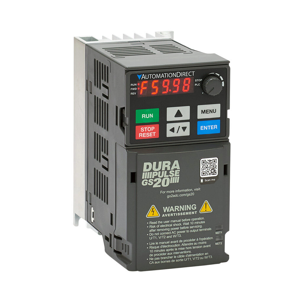 GS23-20P5 - DURApulse GS20 series AC general purpose drive, enclosed, 230 VAC, 1/2hp with 3-phase input, 1/4hp with 1-phase input, SVC, V/Hz, FOC or torque mode, A2 frame, RS-485, integrated dynamic braking. Optional EtherNet/IP and Modbus TCP car...