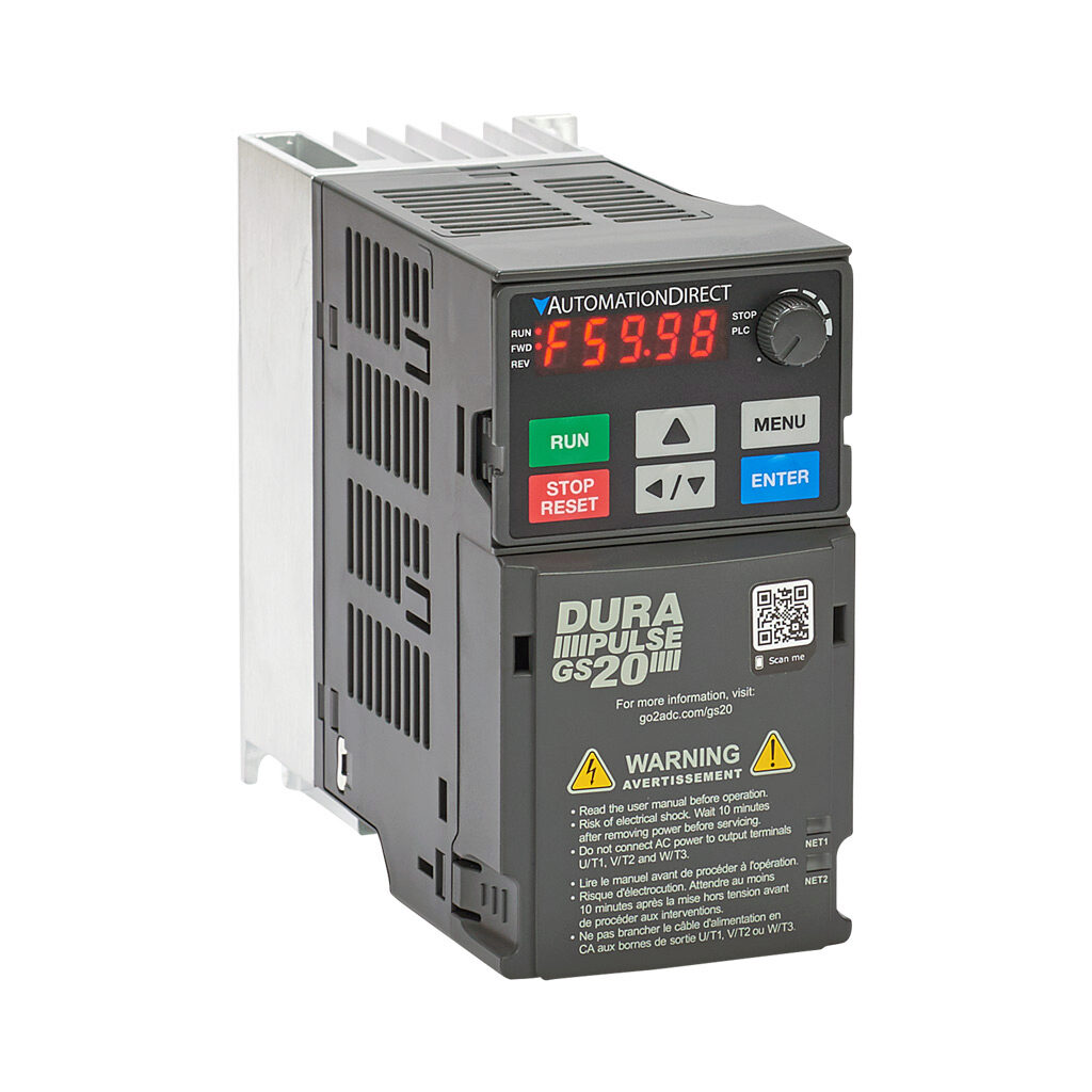 GS23-21P0 - DURApulse GS20 series AC general purpose drive, enclosed, 230 VAC, 1hp with 3-phase input, 1/2hp with 1-phase input, SVC, V/Hz, FOC or torque mode, A5 frame, RS-485, integrated dynamic braking. Optional EtherNet/IP and Modbus TCP card ...