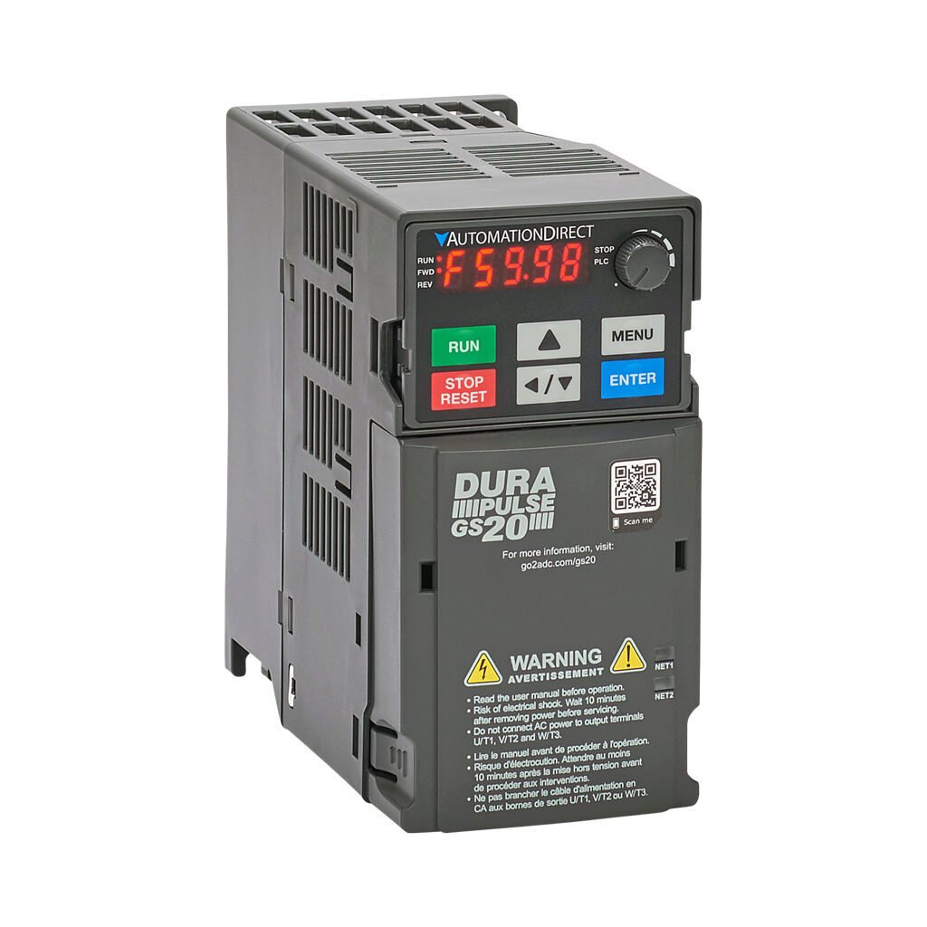GS23-22P0 - DURApulse GS20 series AC general purpose drive, enclosed, 230 VAC, 2hp with 3-phase input, 1hp with 1-phase input, SVC, V/Hz, FOC or torque mode, B1 frame, RS-485, integrated dynamic braking. Optional EtherNet/IP and Modbus TCP card av...